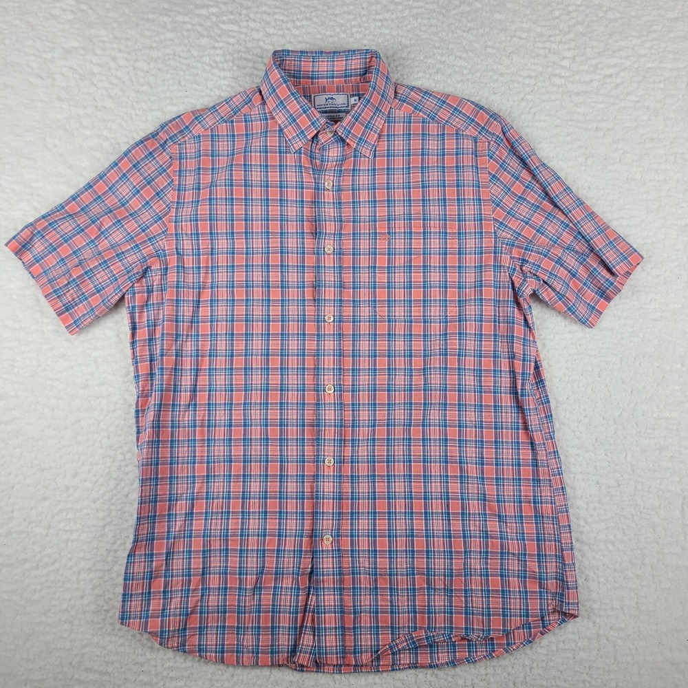 Southern Tide Dress Shirt Mens Medium Blue Pink Plaid Classic Hawaiian Button Up